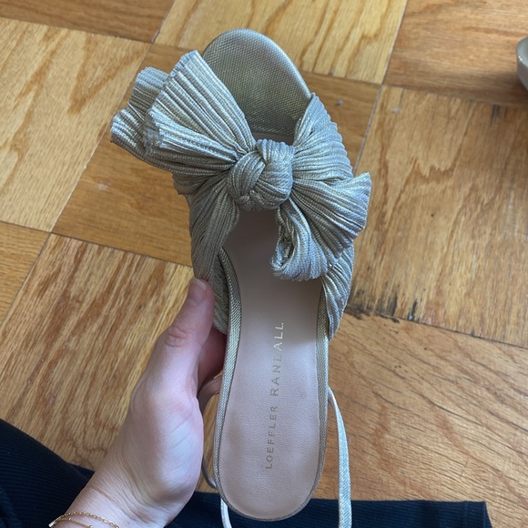 Loeffler Randall gold/beige Natalia 115MM Pleated Bow Platform Sandals. - Picture 4 of 8